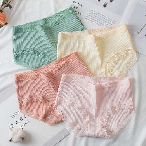 Womens Comfortable Cotton Panties Antibacterial Ladies Underwear Lace Edge Breathable Mid-waist Sexy Briefs Multiple Color