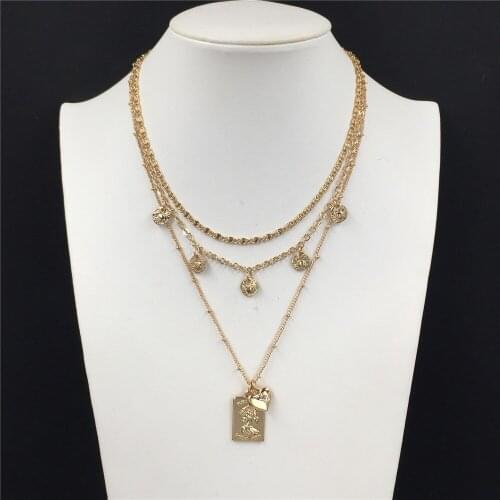 Vintage Party Jewelry Gold Color Plating Square Queen Coin Heart Charm Layered Necklace For Women Lovelry Girl Decoration Access