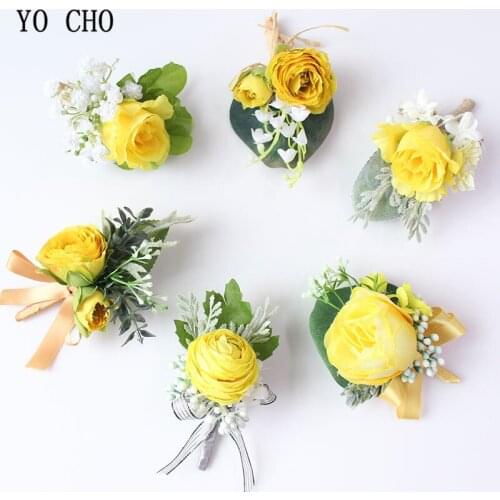 YO CHO Wedding Bracelet for Bridesmaid Bride Wrist Corsage Bracelet Boutonniere Pin Flowers Wedding Witness Marriage Men Corsage