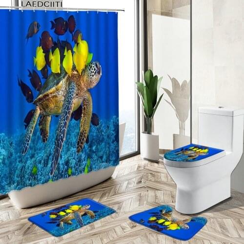 Ocean Animal Shower Curtain Hot Fish Belt Sea Turtle Seabed World Child Bathroom Decor Non-Slip Carpet Toilet Cover Foot Mat Set