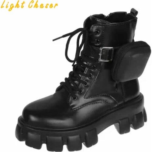 Women Pocket Boot Lace Up Ladies Ankle Boots Female Buckle Strap Black Chunky Sole Pouch Ankle Boots Woman Platform Shoe Fashion