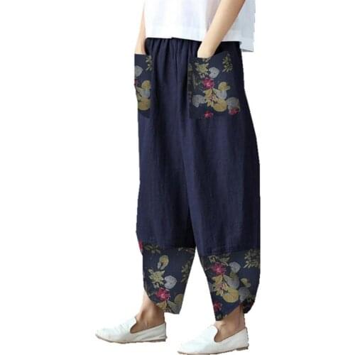 Women Summer Pants 2021 Ethnic Print Patchwork Summer Wide Leg Elastic Waist Trouser for Daily Wear