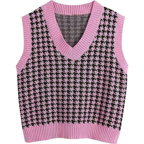 Fashion Womens Casual V-Neck Houndstooth Printed Knitted Pullover Sleeveless Sweater Vest Vintage Loose Waist Coat Chic Tops