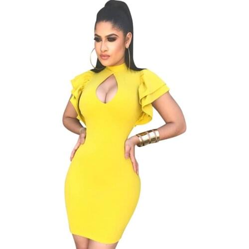 2018 Women Black Yellow Red Sexy Bodycon Dress Short Petal Sleeve Hollow Out Stand Collar Slim Nightclub Party Wear Mini Dress
