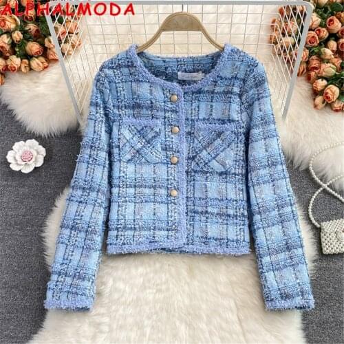 ALPHALMODA Women Elegant Tweed Coat Round Neck Long-sleeved Single Breasted Women Slim Plaids Jacket Outfit for Autumn Spring