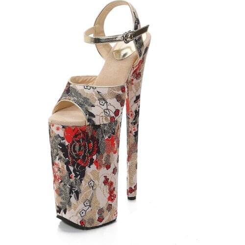 Crossdresser platform Stilettos Sandals 26cm Patterned cloth Thin Heels Pumps Buckle Glitter Shoes Woman Party Stripper Sandals