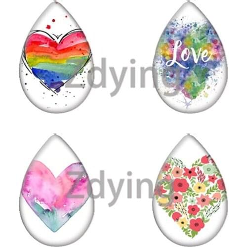 Zdying 10pcs New Colorful Love Hearts Pattern Glass Cabochon Water Drop Teardrop Shape Beads DIY Earrings Jewelry Findings