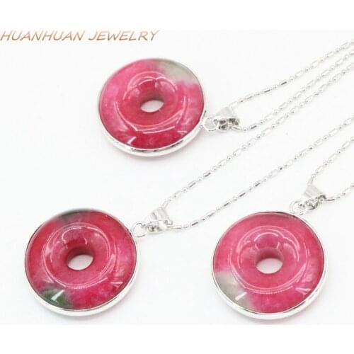 26mm Flat Round Coin Circle Chain Necklace & Pendant Stainless Steel Natural Stone Jades Pendants Necklace Women Jewelry B3326