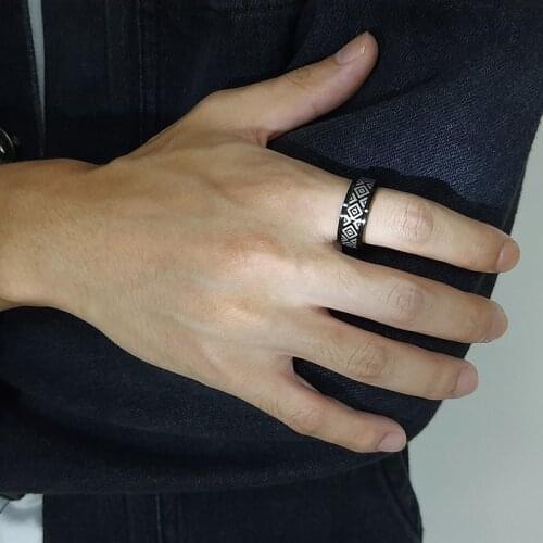 8mm Spinner Rings for Men Ethnic Indian Symbol Engraved Black Rotatable Stainless Steel Solid Metal Band Comfort Wear US Size