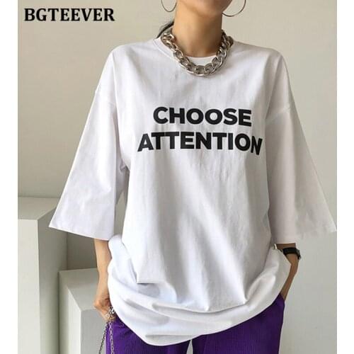 BGTEEVER Casual Simple Loose Female Letter Printed T-shirts 2021 Summer Short Sleeve Women Pullovers Tees O-neck Ladies Tops