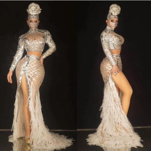 Shining Sequined Hollow Out Perspective Gauze Women Tops Asymmetrical Tight Stretch Split Skirt Dance Costume Nightclub Costume