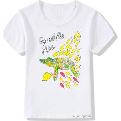 Go With The Flow Happy Ocean Planet Animal Cartoon Kids T Shirt Children Clothes Boys Girls Vogue Summer Tops T-Shirt T Shirts