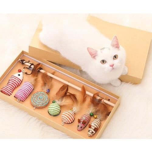 Pet Cat Teaser Toys Feather Linen Wand Cat Catcher Teaser Stick Cat Interactive Toys Wood Rod Mouse Toy With Mini Bell
