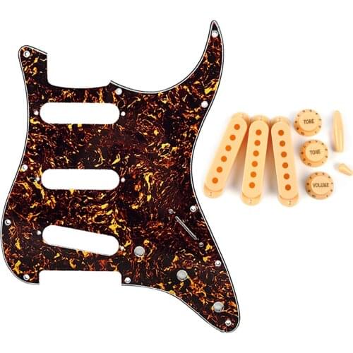 FLEOR Set of SSS ST Guitar Pickguard 11 Holes with 52mm Pickup Covers Knobs Switch Tips