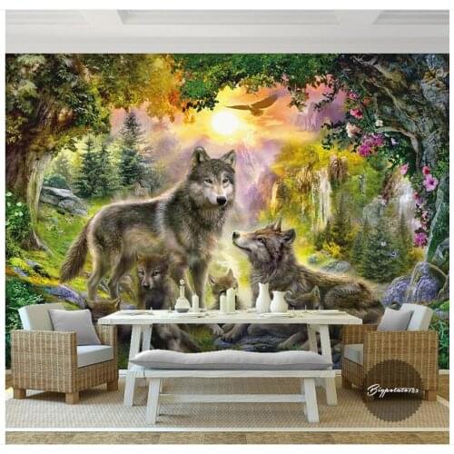 High end Custom photo wallpapers 3d murals wallpaper Sunshine green forest gray wolf wild dog animal landscape painting wall
