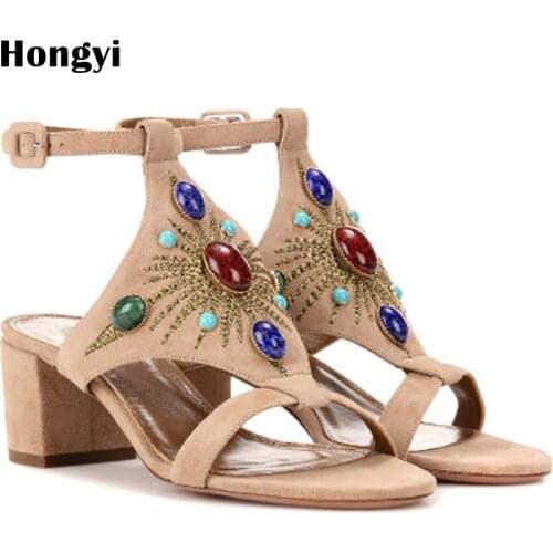Hongyi Suede Leather Women Sandals Pumps Summer Rhinestone Chunky High Heel Women Wedding Pumps Shoes Plus Size 42