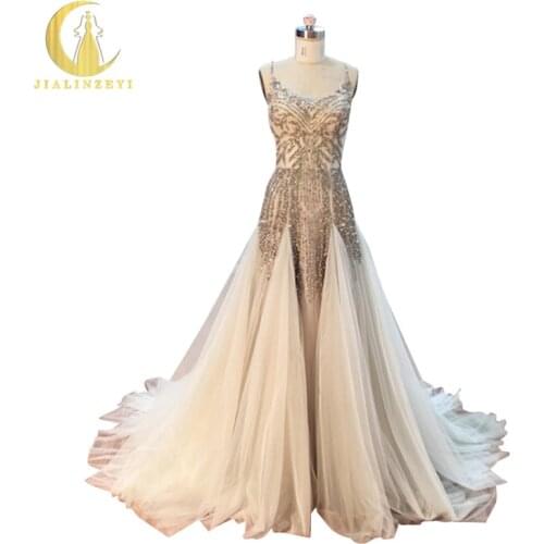 JIALINZEYI Real Picture Sexy Luxurious Grey Sliver Crystal Fashion Mermaid Formal Dress Evening Dress