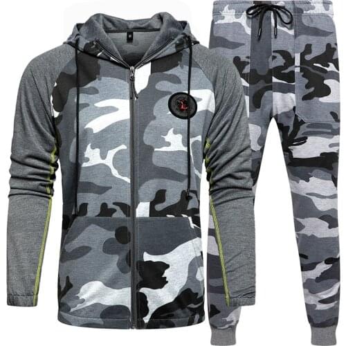 2Pcs Mens Set Camouflage Hooded+Pants Autumn Winter Sweatshirt Sweatpants Fashion Hip Hop Pullover Hoody Sportsuit Tracksuits