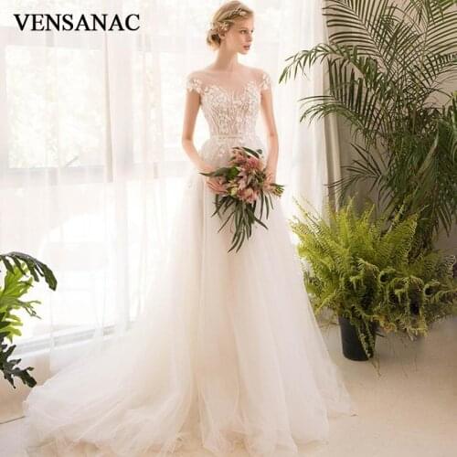 VENSANAC Illusion O Neck 2018 Lace Appliques A Line Tulle Wedding Dresses Short Cap Sleeve Sweep Train Bridal Gowns