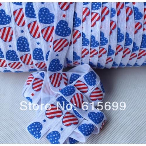 July Forth 5/8" Printed FOE, blue and red heart Fold over elastic, 4th of July foe ribbon, welcome custom print