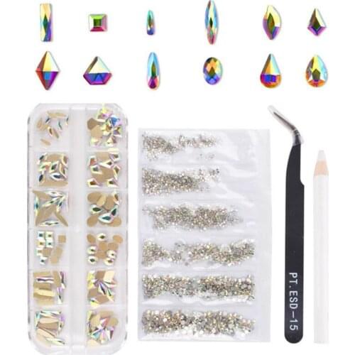 Nail Art Set Irregular Crystal Diamond Round Rhinestones Flat Bottom Curved Black Tweezer Nipper Wax Dotting Pen Tools