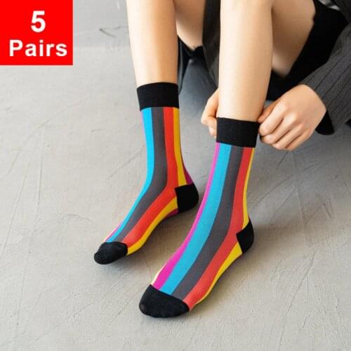 5 pairs womens cotton socks Fashion trendy men and women couple warm Medium tube sock Multicolor Rainbow Net Red Sports Socks