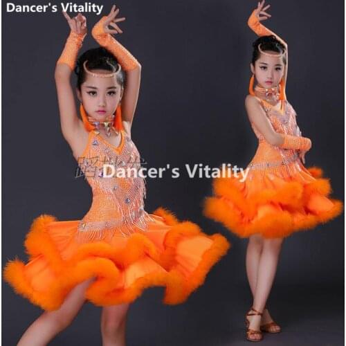 New Children Feather diamonds Skirt Dance Costumes for Girls Kids Child Sequin Competition Jazz Stage Performance Clothing
