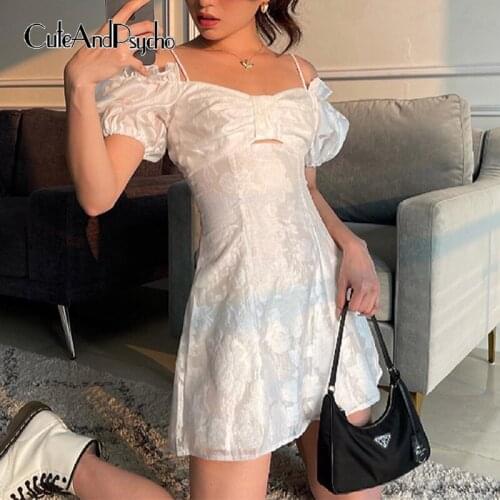 Solid Print Vintage Women Dress Y2K Hollow Out Short Sleeve Elegant Party Dresses Skinny Cute Outfits Summer 2021 Cuteandpsycho