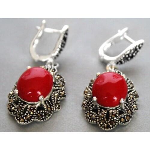 Amazing 11/2" Vintage 925 Silver & Marcasite Red Coral Earrings