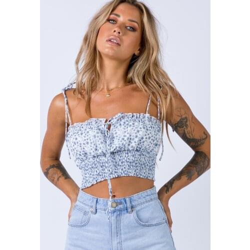 French girl retro style printed bandage one line shoulder strap shows thin holiday style shoulder strap temperament top fashion