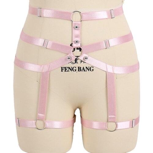 Pink Garter Belt Elastic Thigh Bondage Sexy Lingerie Stockings Suspender Summer Party Punk Goth Metal Ring Body Harness Waist
