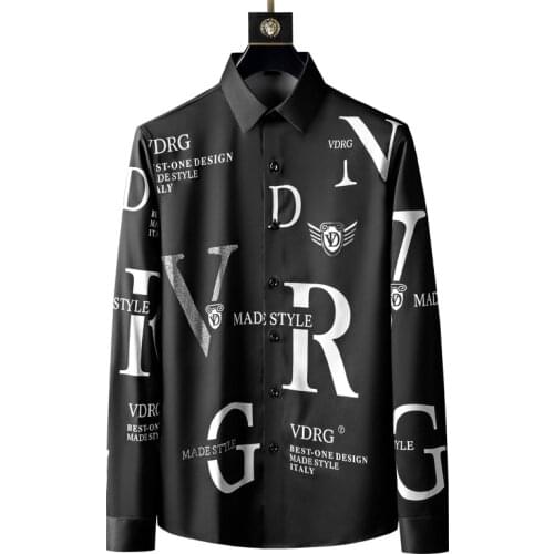 Men Shirt Letter Stitching Pattern Fashion Long Sleeve Shirt Mens Slim Fit Shirt Social Club Outfits Black White Shirt Men Dress