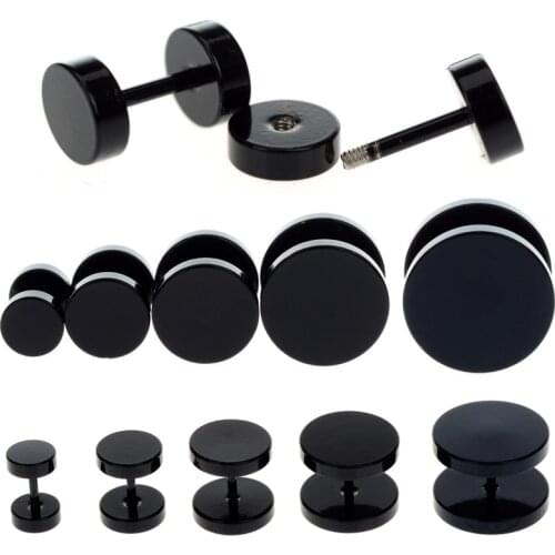 2pcs Black Fake Ear Plug Stud Stretcher Jewelry Ear Tunnel Earring Piercing Stainless Steel Body Jewelry 6-14mm for Women Men