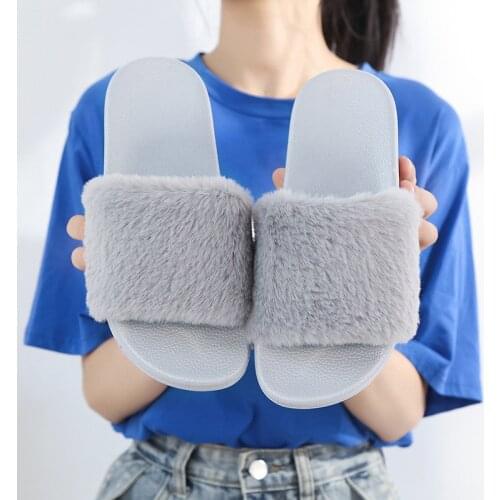 2020 Fashion Women Slippers Furry Fur Slides Home Flip Flops Fluffy Plush House Shoes Female Winter Warm Slippers MTX84