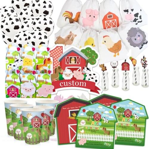 Farm Animal Cake Topper Birthday Party Favor Bags Boxes Paper Cups Invitations Balloons Straws Tableware Bottle Label Sticker