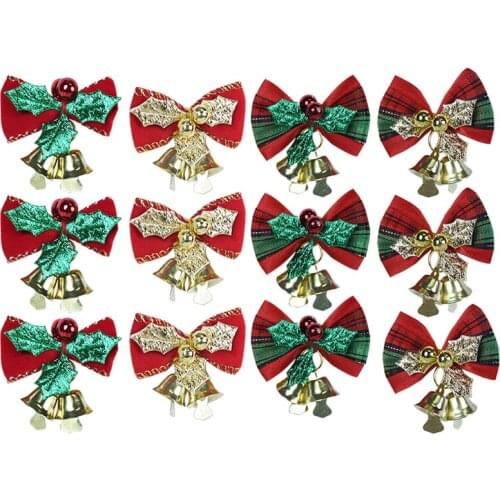 6pcs Christmas Bell Bow Red Green Gold Bells Bowknot Flowers Xmas Tree Ornaments Hanging Pendants Noel New Year Party Decoration