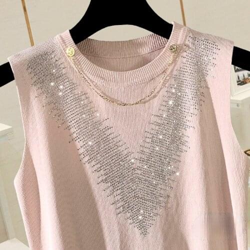 Korean Style Diamond-Embedded Knitted All-Matching Pullover Summer New Sleeveless Vest Womens Top Slim Stretch Tanks