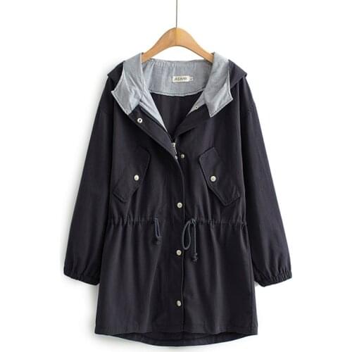 Plus size windbreaker women spring autumn 2020 new fashion Korean loose drawstring waist hooded coat casual Female trench coats