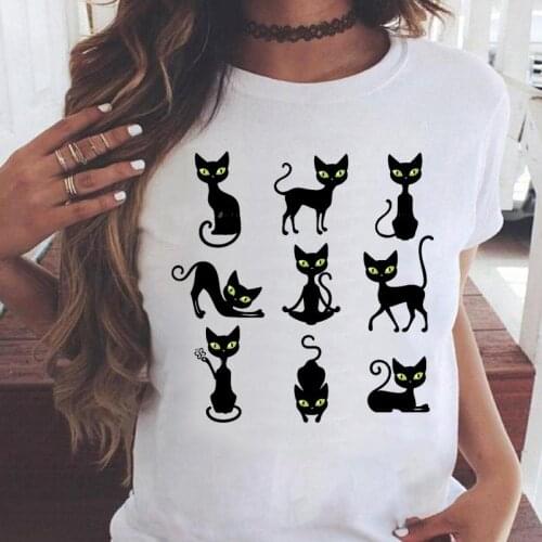 Women T-shirts Cat Lovely New Style 90s Short Sleeve Fashion Cartoon Graphic Print Female Summer T Top Shirt Tee T-Shirt