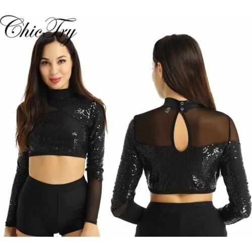 Women Ladies Shiny Sequins Mock Neck Long Sleeves Keyhole Back Unique Mesh Spliced Crop Top Dancewear for Stage Performance Tops