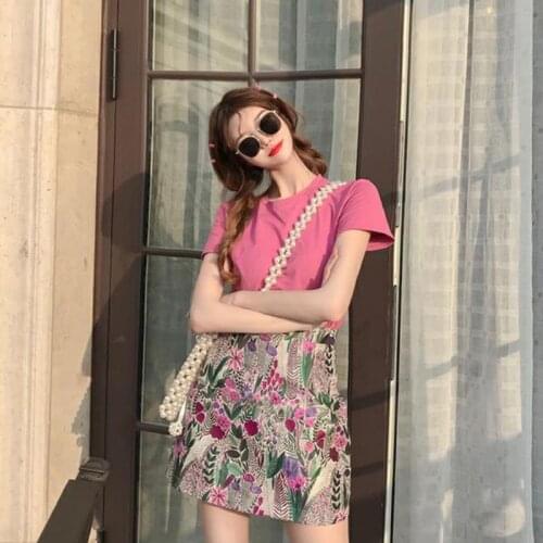2020 Summer New Retro Girl Student Pink Skirt + Floral Short Skirt Two-piece Suit