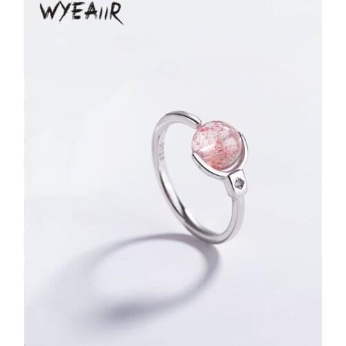 WYEAIIR Pink Natural Strawberry Crystal Student Gift Fresh Shiny 925 Sterling Silver Female Resizable Opening Rings