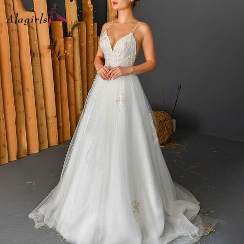 Sexy V Neck Wedding Dresses Spaghetti Strap Backless Vestidos de novia Elegant Embroidery Tulle Wedding Gown 2020