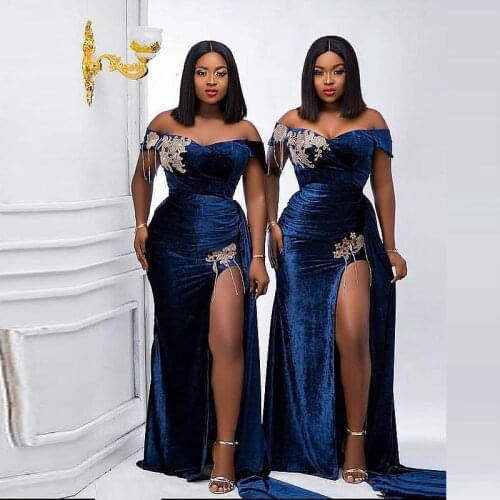 Velour Mermaid Prom Dresses Off The Shoulder Slit Evening Dress Plus Size Appliques Beads African Dubai Party Gowns Vestidos