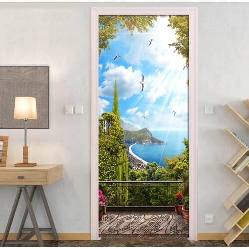 2 pcs/set Garden Lake View 3D Door Sticker Wall Bedroom Home Decor Poster PVC Waterproof Door Sticker Imitation 3D Mural Decal