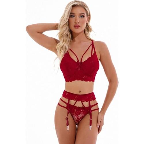 3 Pcs Women Lace Lingerie Sets Sexy Lace Push Up Bra Transparent Garter G-string Set Underwear Women Lingerie Feminina Sleepwear