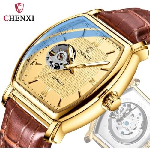 CHENXI Automatic Skeleton Watches Men Mechanical Wristwatches Business Luxury Leather Golden Watch Men Waterproof Relojes Hombre