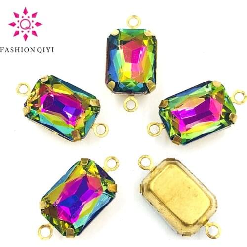Factory sale 10X14mm Rectangular octagon sew on rhinestones Rainbow Gold base Glass crystal double loop pandent diy accessories