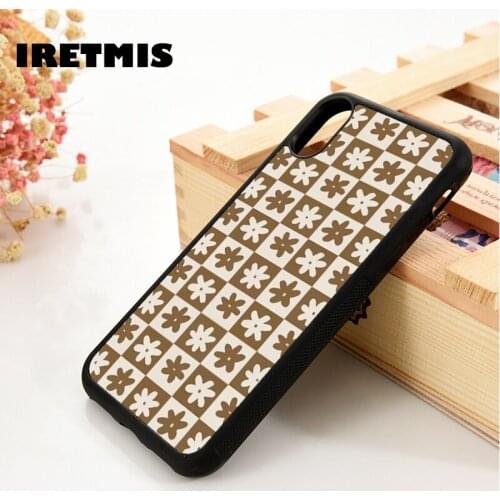 Iretmis 5 5S SE 6 6S TPU Silicone Rubber Phone Case Cover for iPhone 7 8 Plus X Xs 11 12 MINI Pro Max XR Checkered Flower Brown