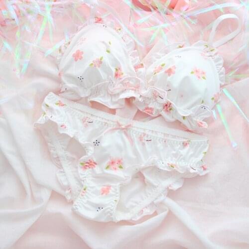 Kawaii Lolita Bra & Panties Set Cute Japanese Wirefree Soft Underwear Sleep Intimates Set Lingerie Sakura Bra and Panty Set